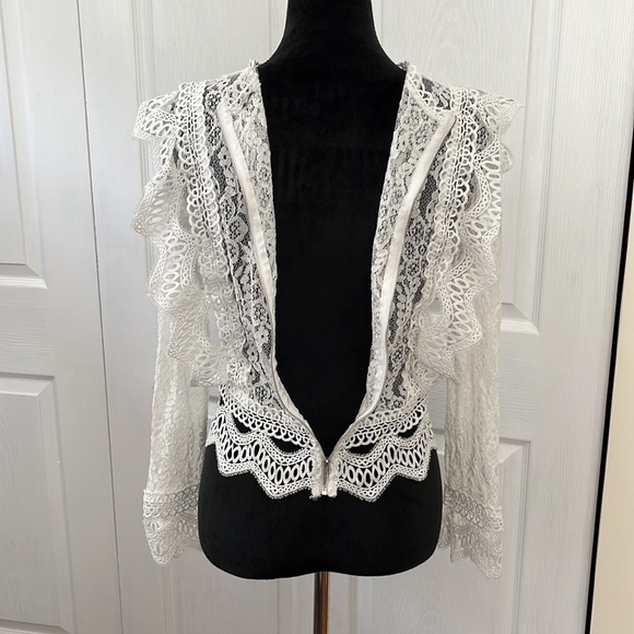 White Lace Blouse Mock Neck sz S - Picture 7 of 14